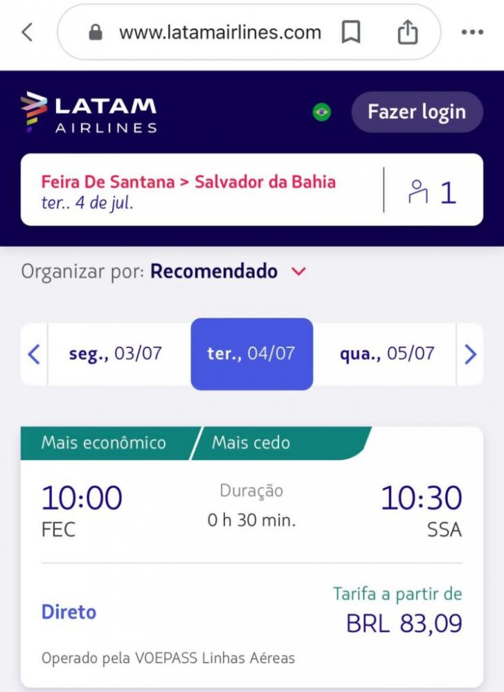 Companhia aérea inicia venda de passagens para voo entre Feira de Santana e Salvador