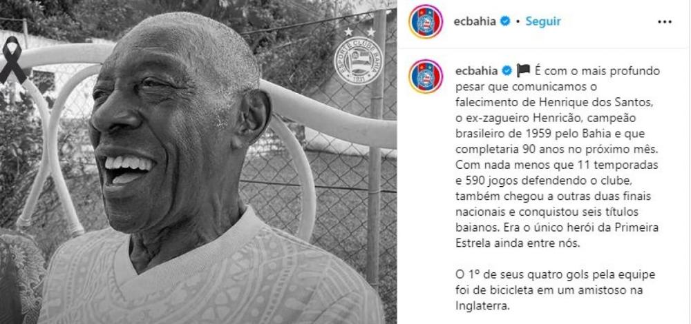 Aos 89 anos, morre o campeão brasileiro e ídolo do Bahia, Henricão