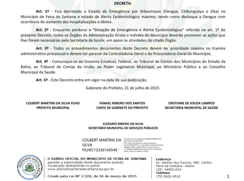 Com quase 1000 casos e quatro mortes por dengue, prefeito decreta estado de emergência em Feira